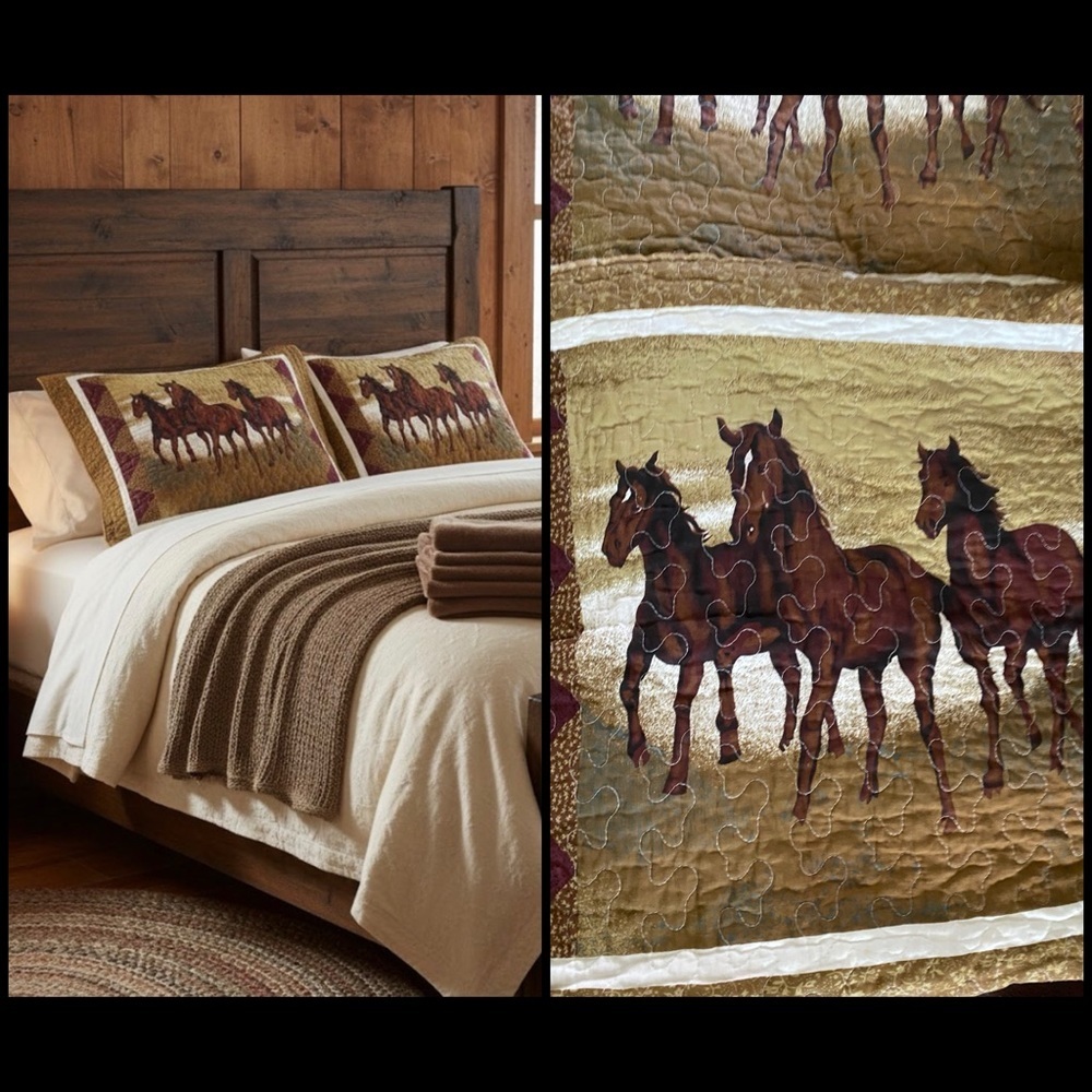 2 Equestrian Western Horses Rustic Handcrafted Quilted Pillow Shams Brown 26x20